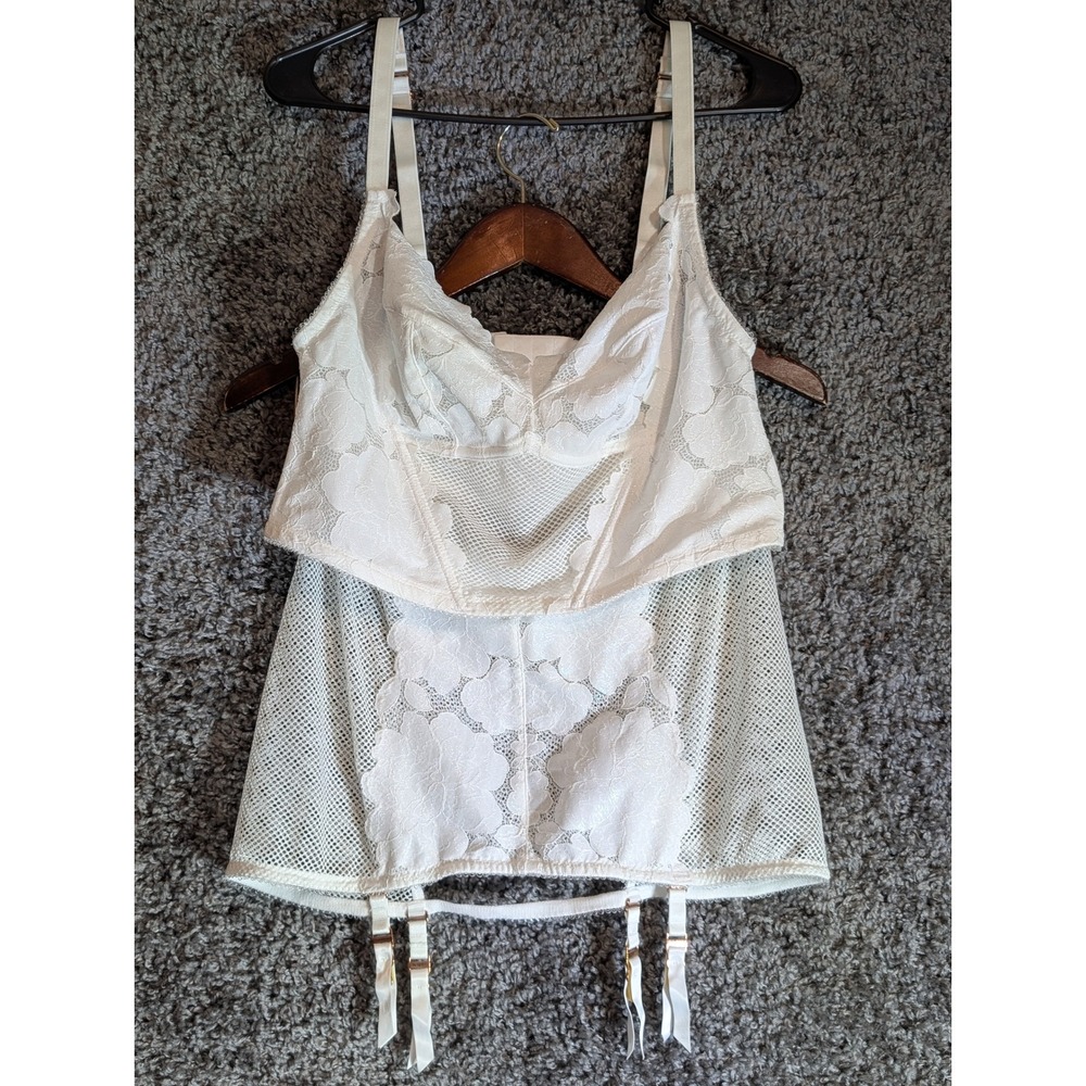 Savage X Fenty Lingerie Set Women XL White Lace Mesh Garter Longline Bra